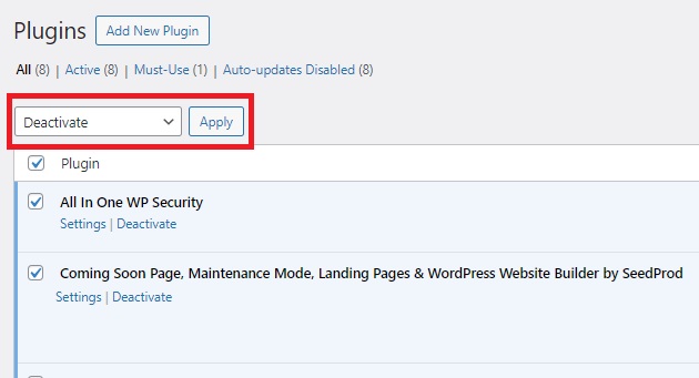 WP maintenance deactivate plugins