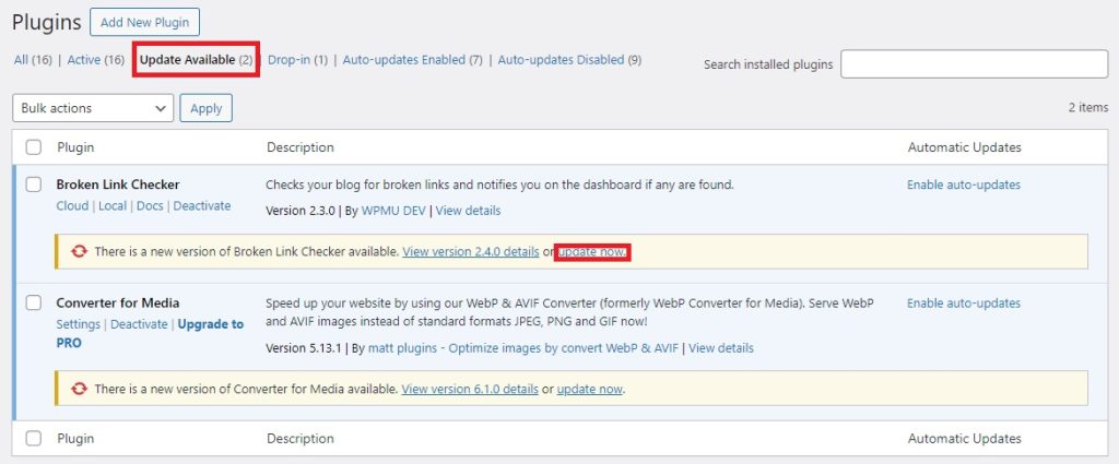 WP maintenance plugin updates