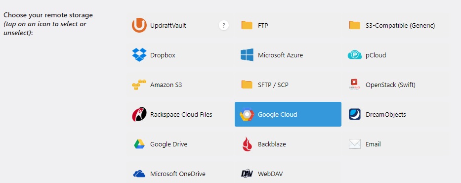 WP maintenance updraftplus storage