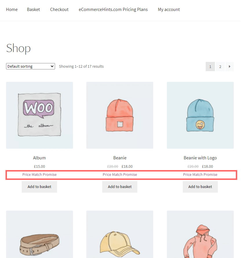 WooCommerce Product Archive page showing custom content under the product prices
