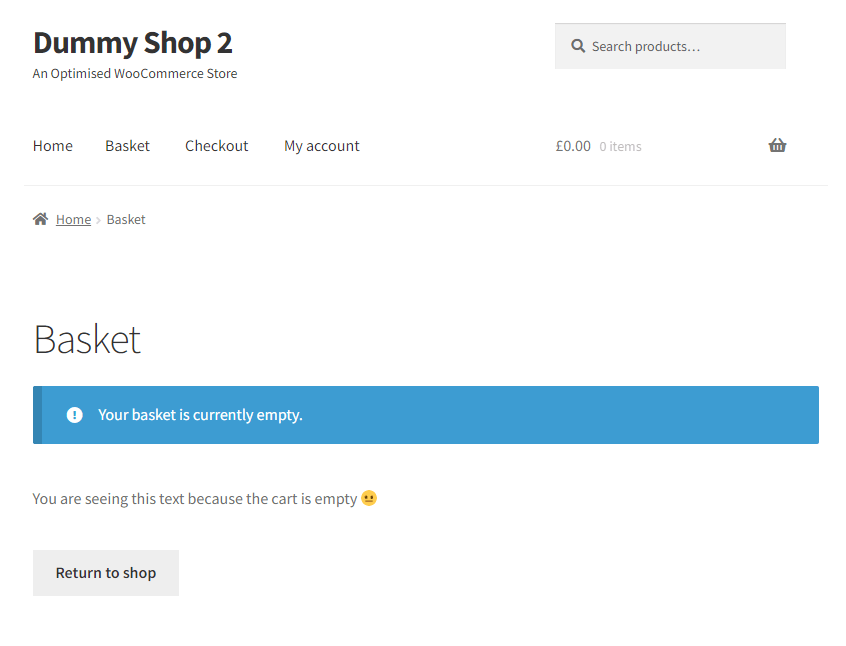 WooCommerce cart page showing custom text because the cart is empty