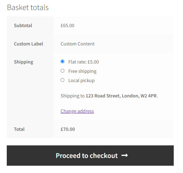 WooCommerce cart showing a custom row of content