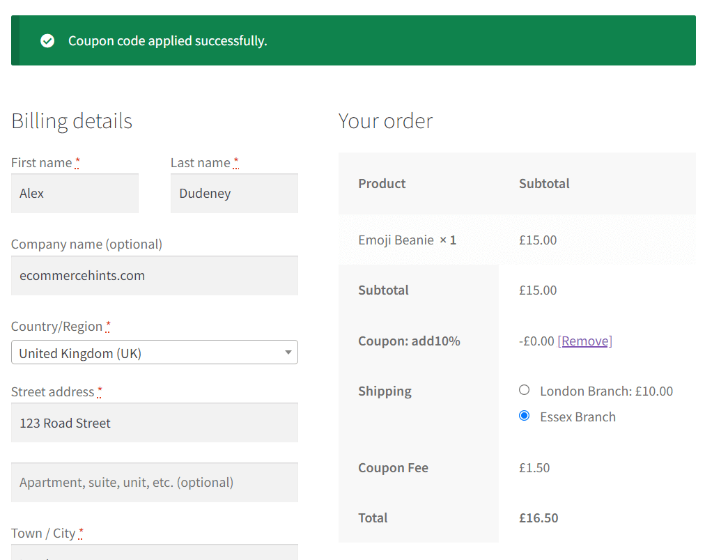 WooCommerce checkout showing a fee has been added by a coupon code