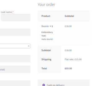 WooCommerce Checkout showing custom product text
