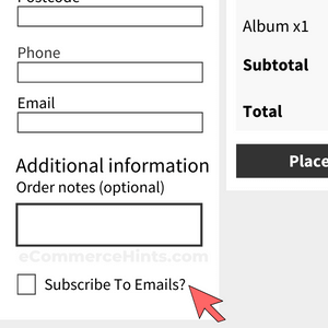 WooCommerce Checkout form showing a custom checkbox to allow email sign ups