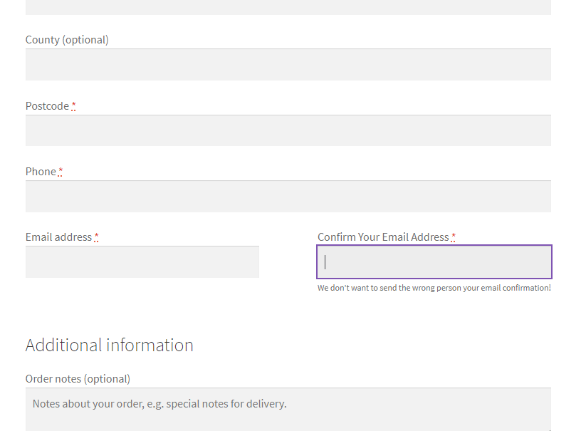 WooCommerce checkout form showing confirm you email address field