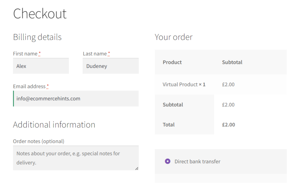 WooCommerce checkout with reduced fields due to virtual product being the only product in the order