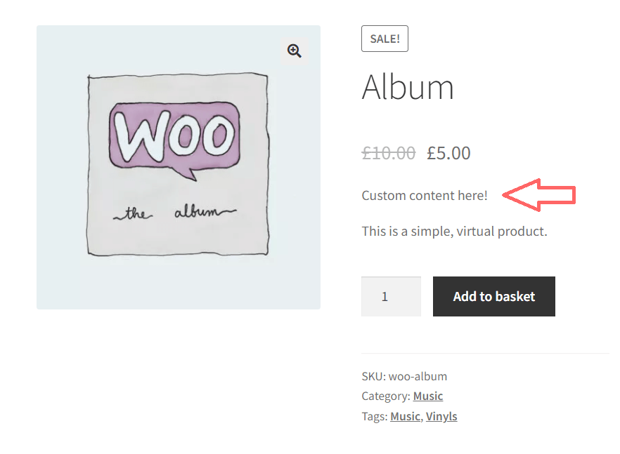 WooCommerce custom content showing below price and above short description on single product page