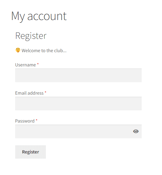 WooCommerce custom text showing under the register heading on the my account page