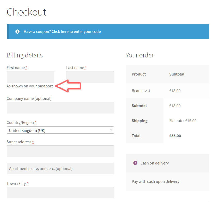 WooCommerce checkout showing custom text under the fields