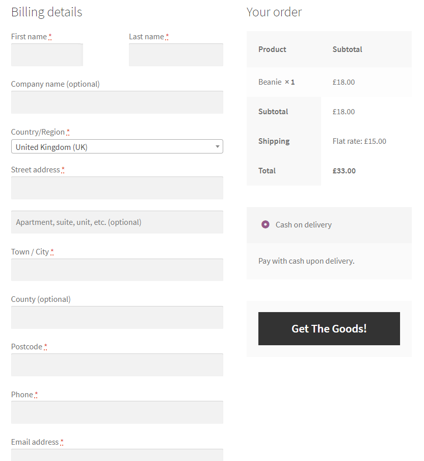 WooCommerce Checkout form showing customised Place Order button text