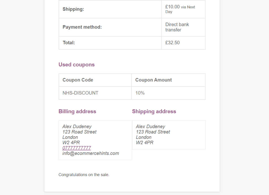 WooCommerce email showing coupon code used