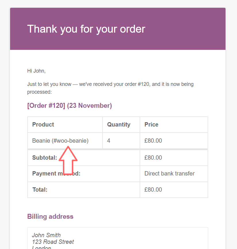 WooCommerce email showing product SKUs next to product titles