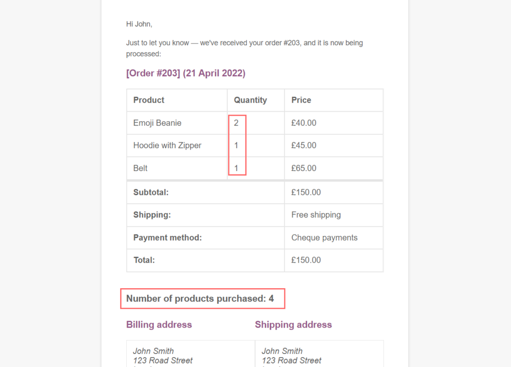 WooCommerce emails showing the total number of products purchased in the order