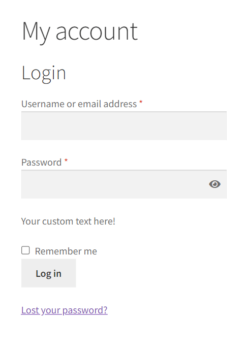 WooCommerce login form on the my account page showing custom content below the form fields