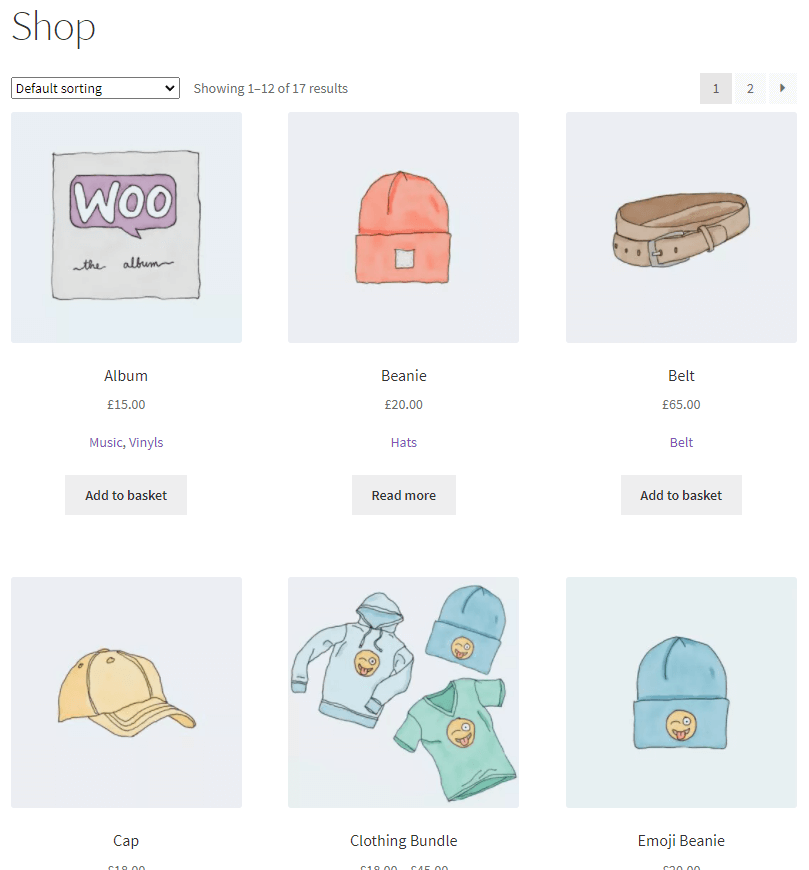 WooCommerce loop of products showing product tags above add to cart button