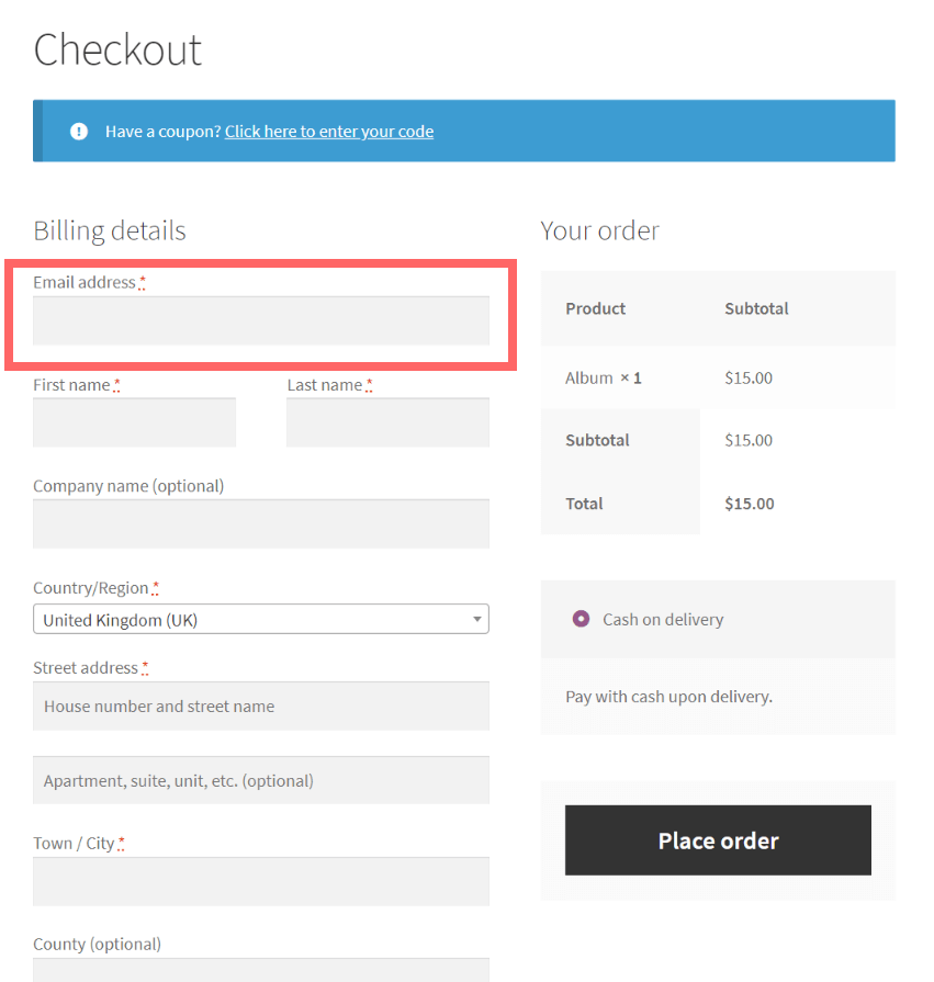 Email address field at the top of the WooCommerce checkout form