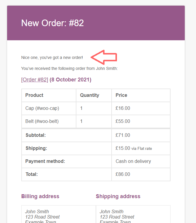 WooCommerce New Order email showing custom content under header