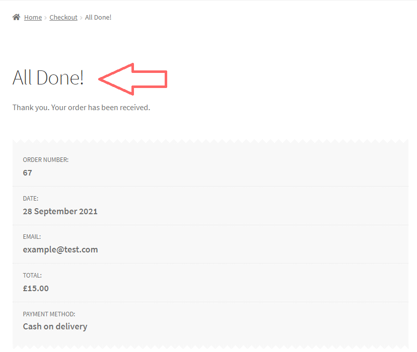 WooCommerce thank you page showing a customised order received title