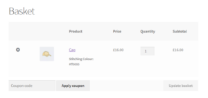 WooCommerce Cart showing custom colour picker field data under product name