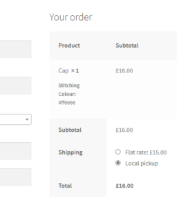 WooCommerce Checkout showing cusotm colour picker meta under product title