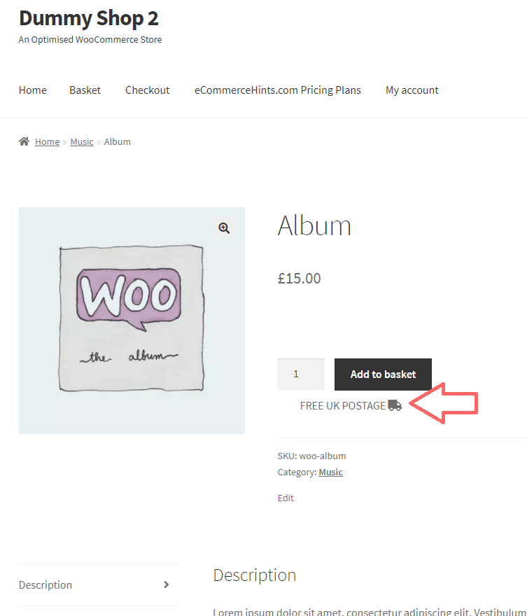 WooCommerce Single Product template showing a custom message under the add to cart button