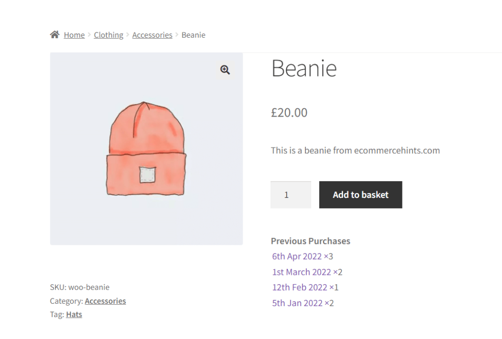 WooCommerce product showing order history