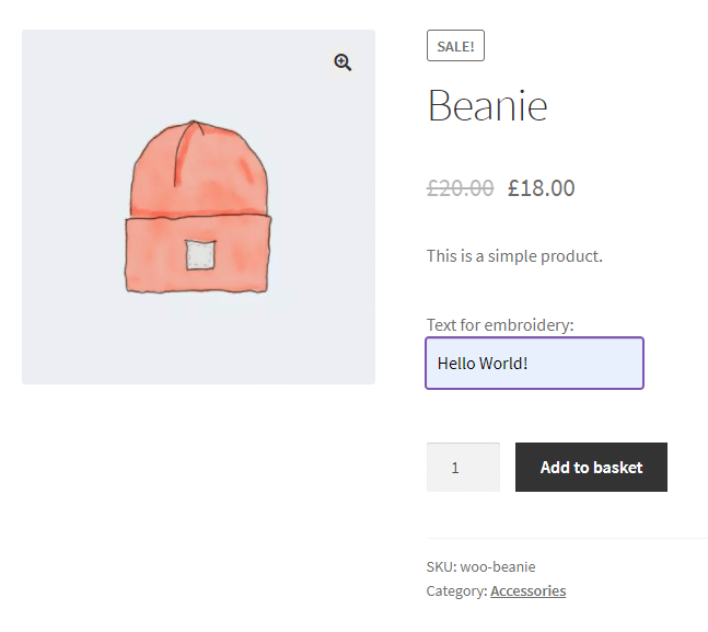 WooCommerce product showing custom text field
