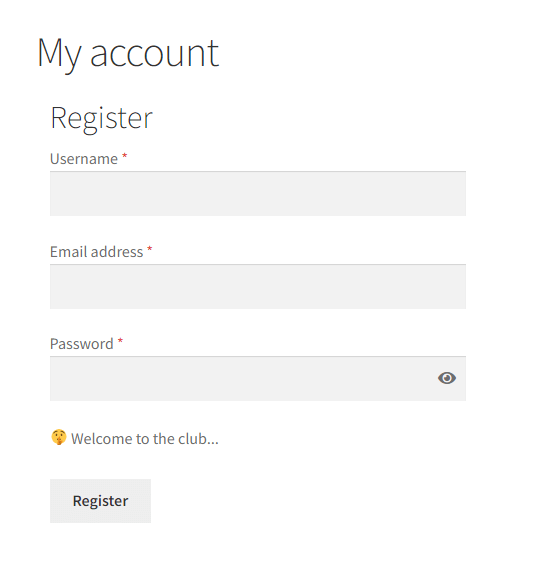 WooCommerce register form showing custom text after the form fields, above the register button
