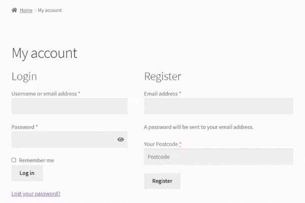 WooCommerce register form postcode field