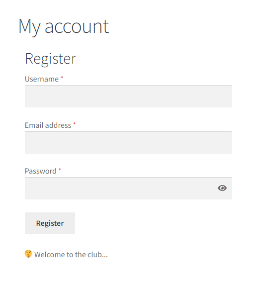 WooCommerce registration form showing custom content below the register button