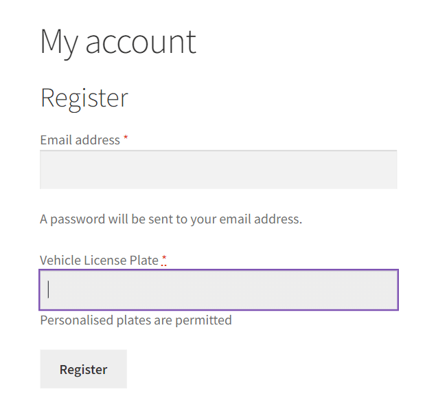 WooCommerce registration form showing custom text field