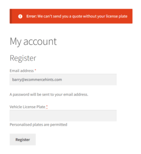 WooCommerce registration form showing a custom error if custom text field is empty
