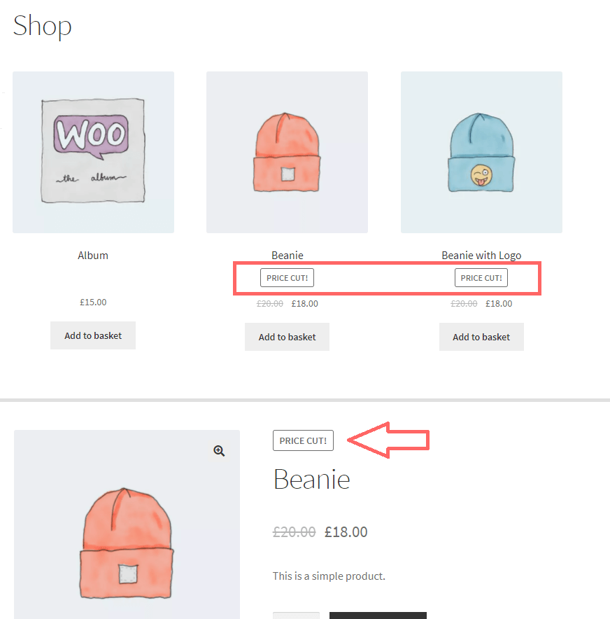 WooCommerce product and archive page showing custom sale badge text