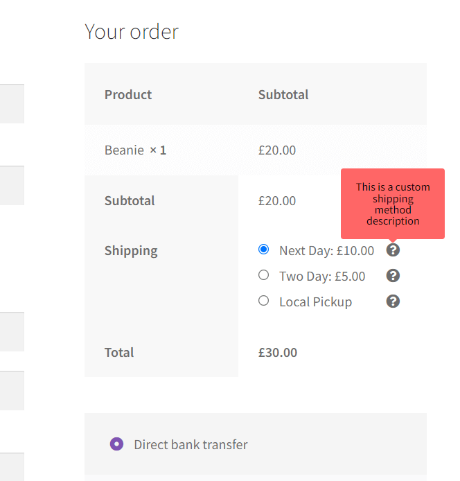 WooCommerce shipping methods showing a custom description in a tooltip popup