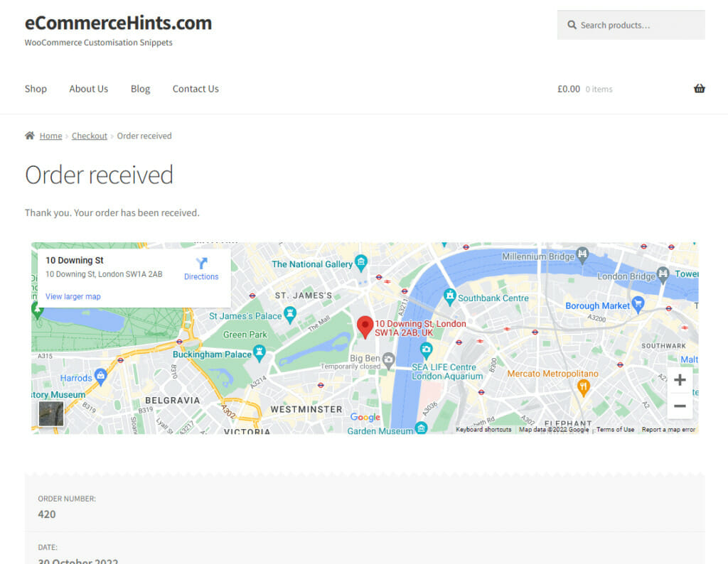 WooCommerce Thank You Page showing customer address on a Google Map