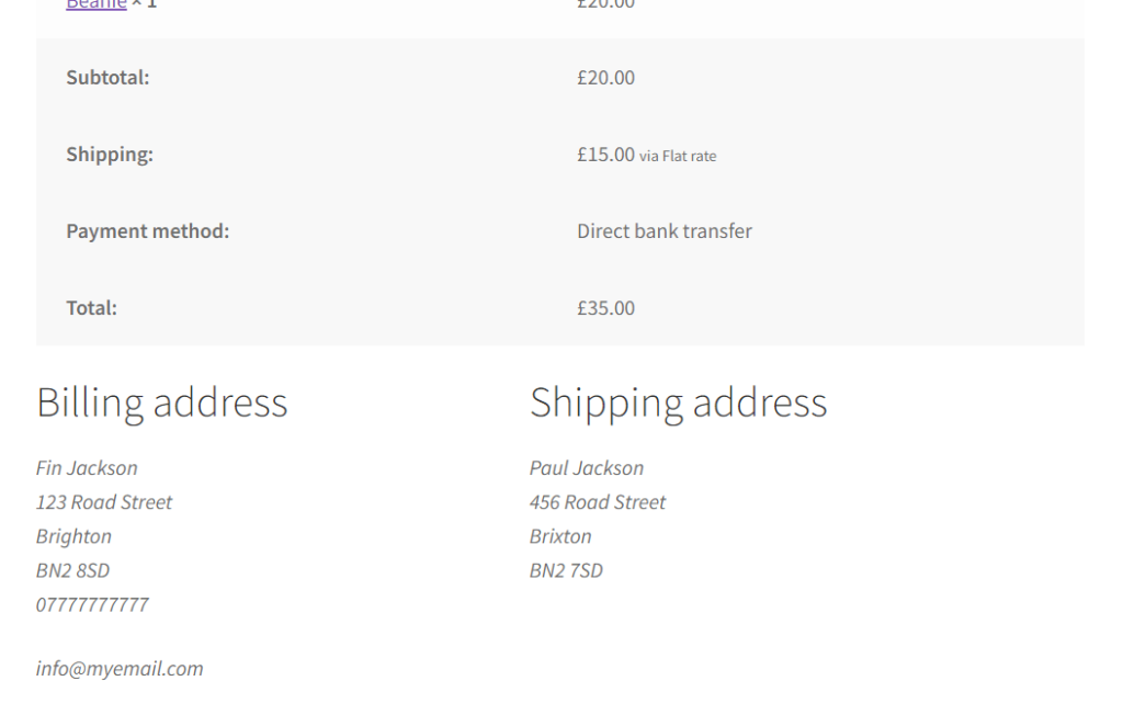 WooCommerce Thank You Page Order Received showing customer details (Billing and Shipping Address) for a guest checkout