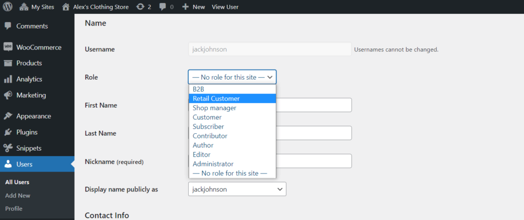 WordPress user editor showing new custom roles