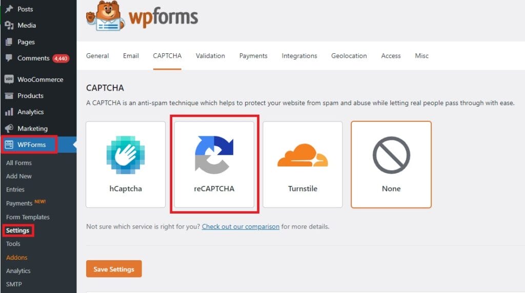 wp CAPTCHA wpforms